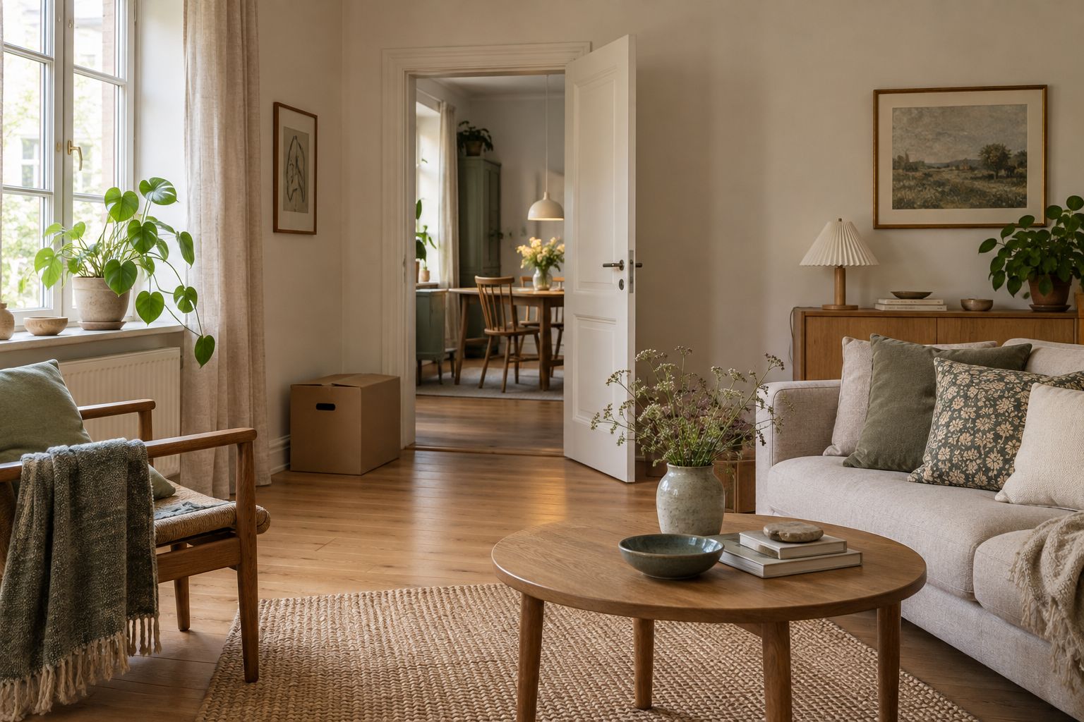 Lys stue med træmøbler, grønne planter og en flyttekasse ved døren.